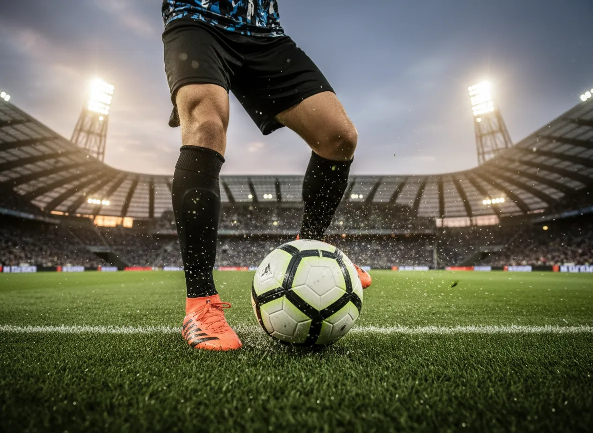 Fußballrasen in einem modernen Stadion unter Flutlichtbeleuchtung